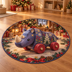Christmas Toy Rhino Family Play Round Mat Rug flat printed mat in matching Christmas setting