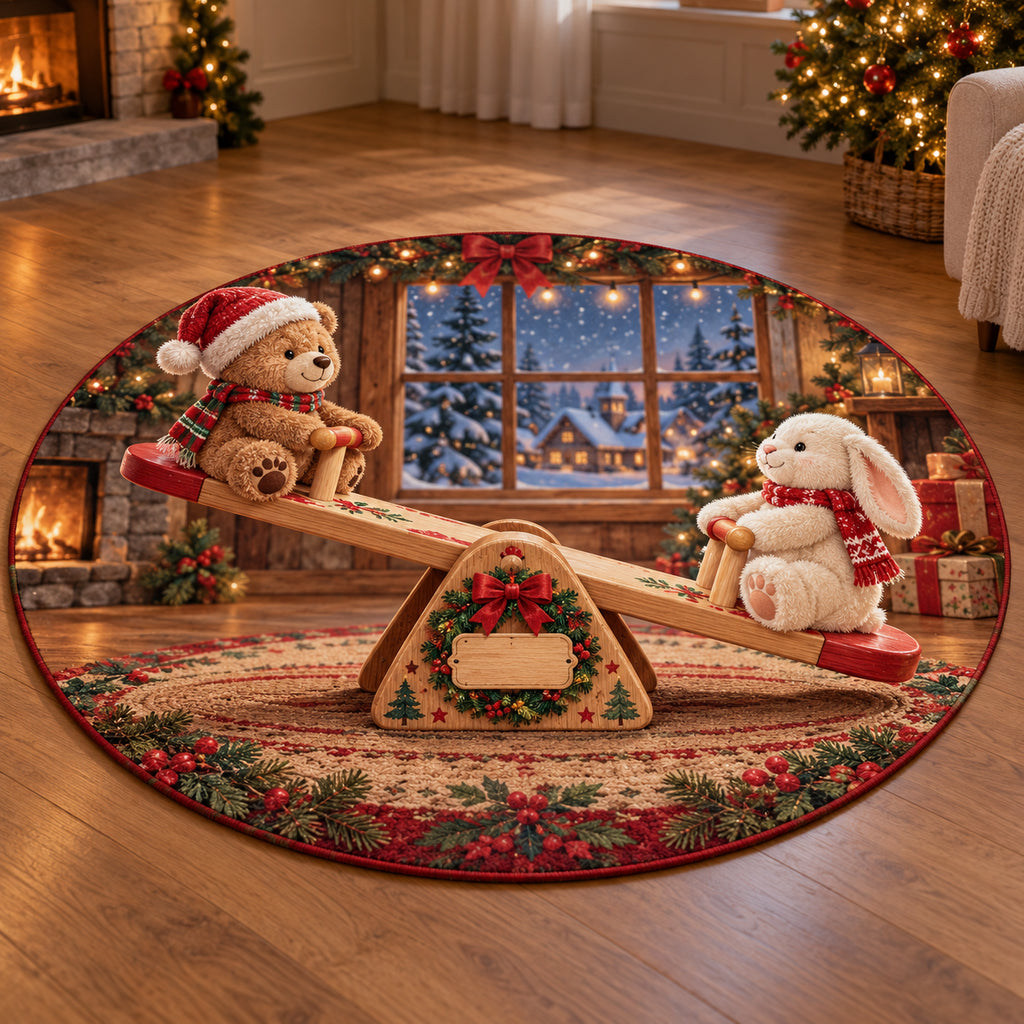 Christmas Toy Seesaw Family Play Round Mat Rug flat printed mat in matching Christmas setting