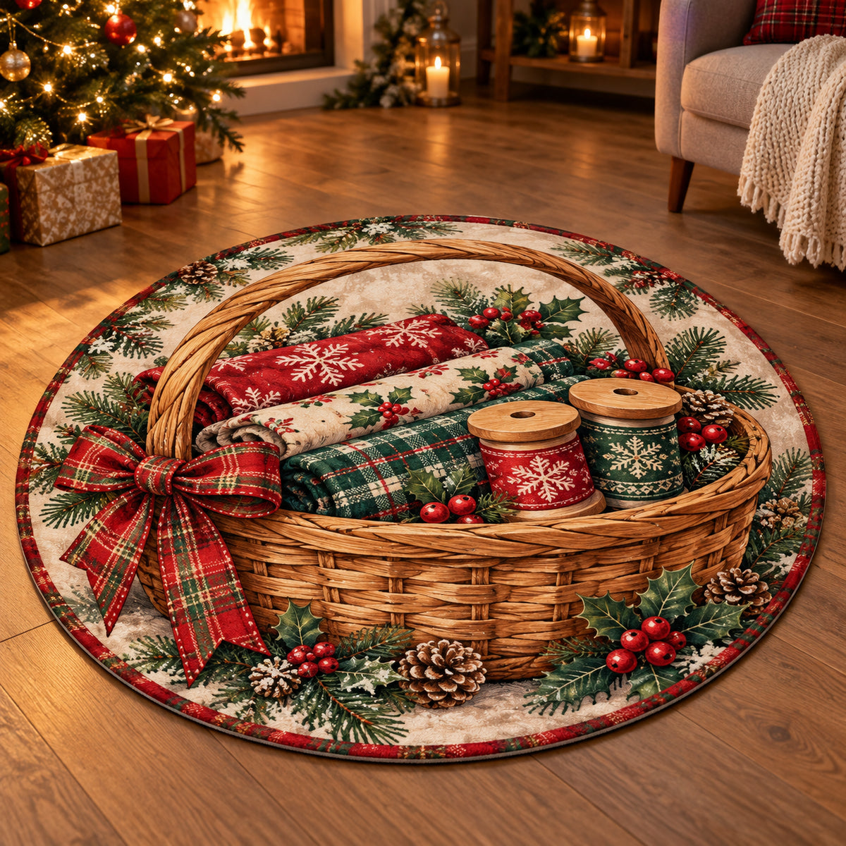 Christmas Toy Sewing Basket Family Craft Round Mat Rug flat printed mat in matching Christmas setting