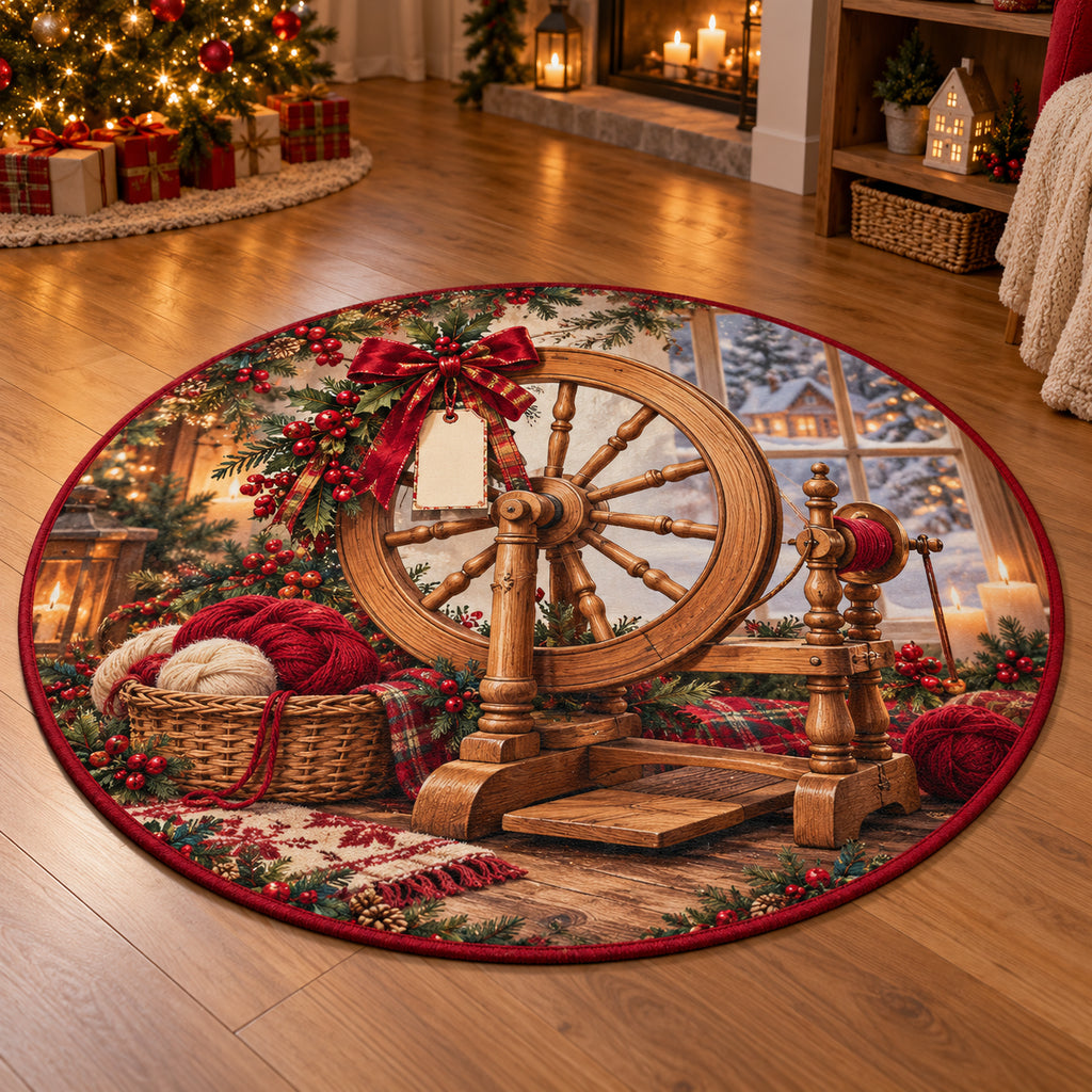Christmas Toy Spinning Wheel Family Craft Round Mat Rug flat printed mat in matching Christmas setting