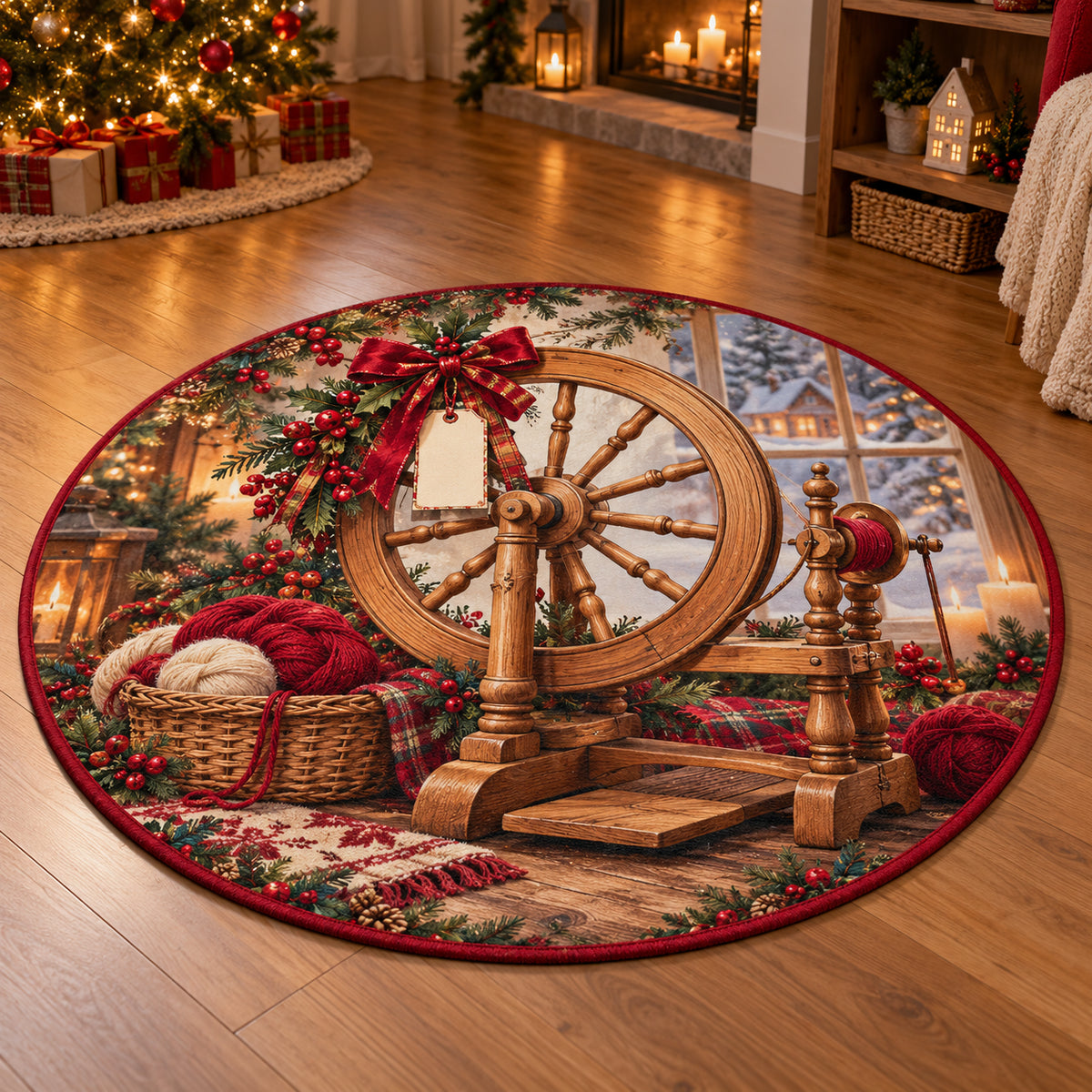 Christmas Toy Spinning Wheel Family Craft Round Mat Rug flat printed mat in matching Christmas setting