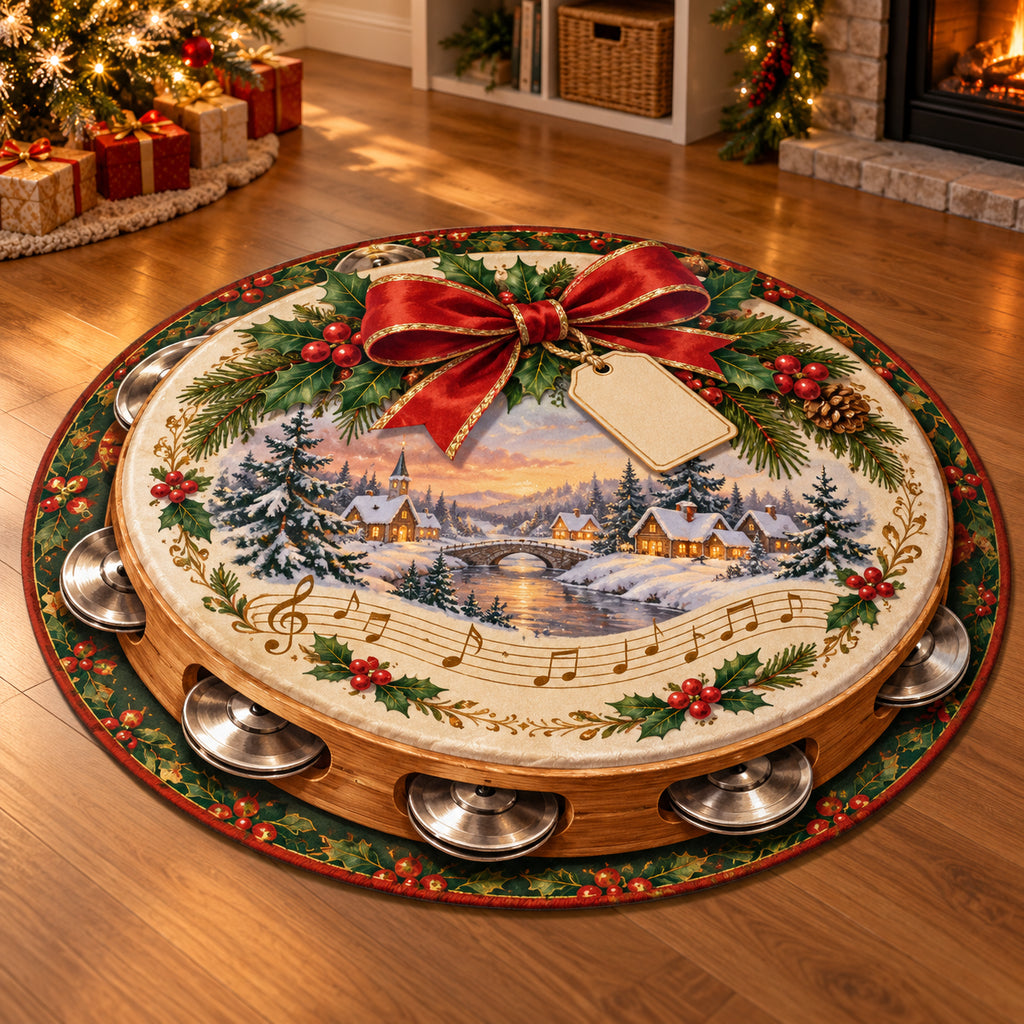 Christmas Toy Tambourine Family Rhythm Round Mat Rug flat printed mat in matching Christmas setting