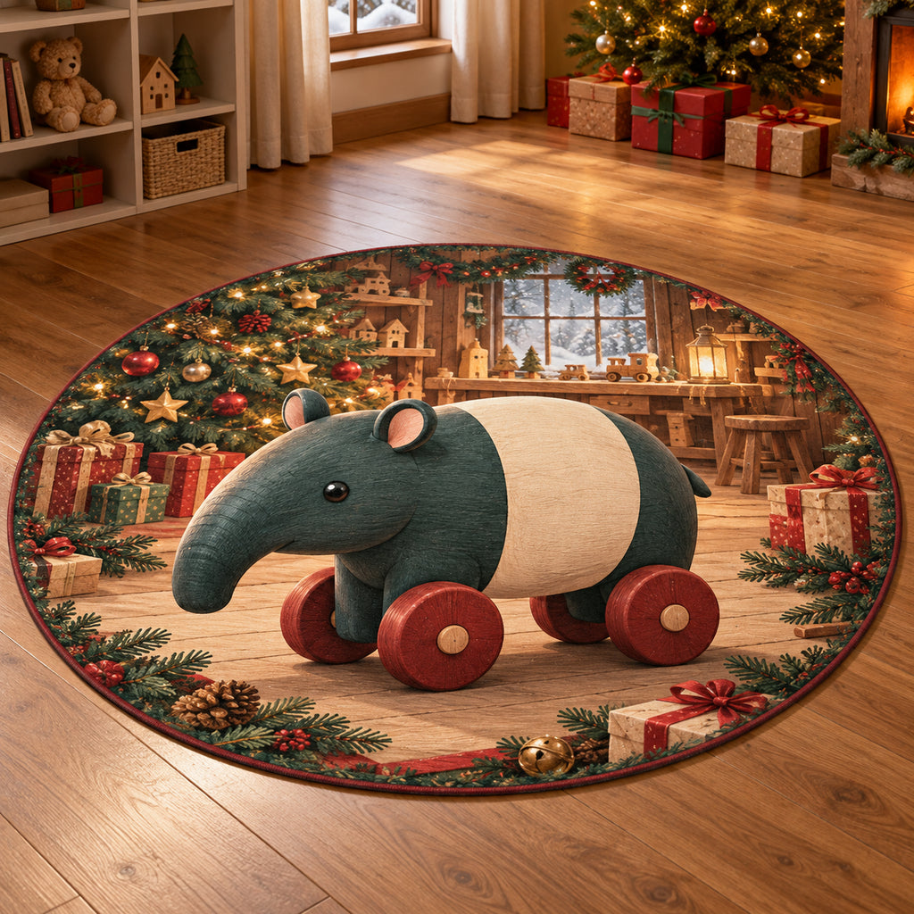 Christmas Toy Tapir Family Play Round Mat Rug flat printed mat in matching Christmas setting