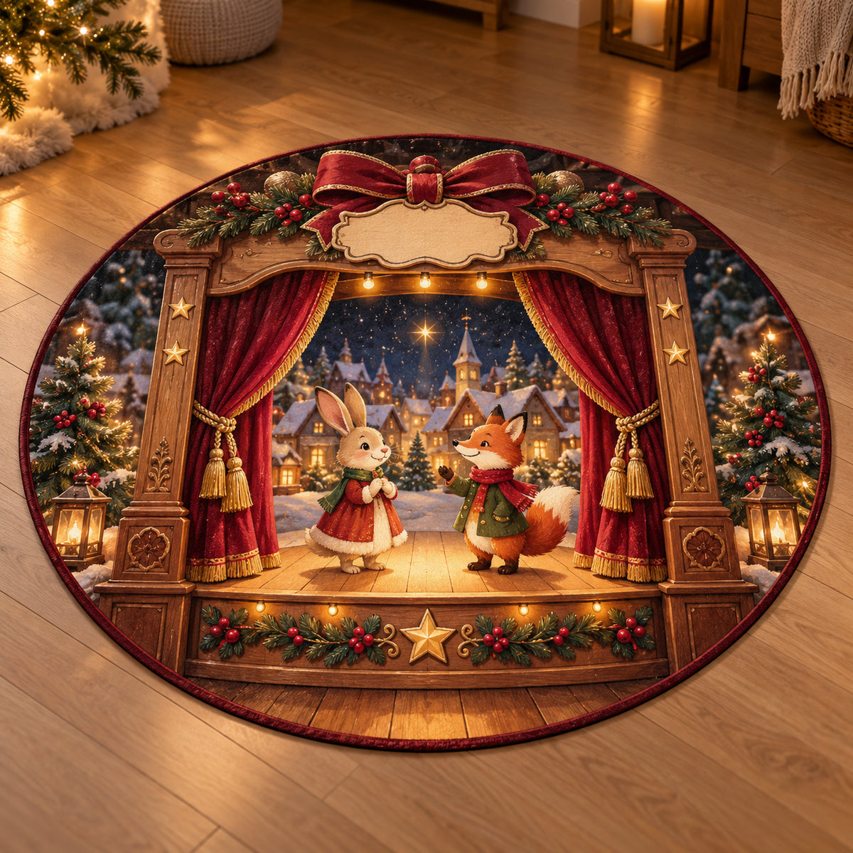 Christmas Toy Theatre Family Story Round Mat Rug flat printed mat in matching Christmas setting