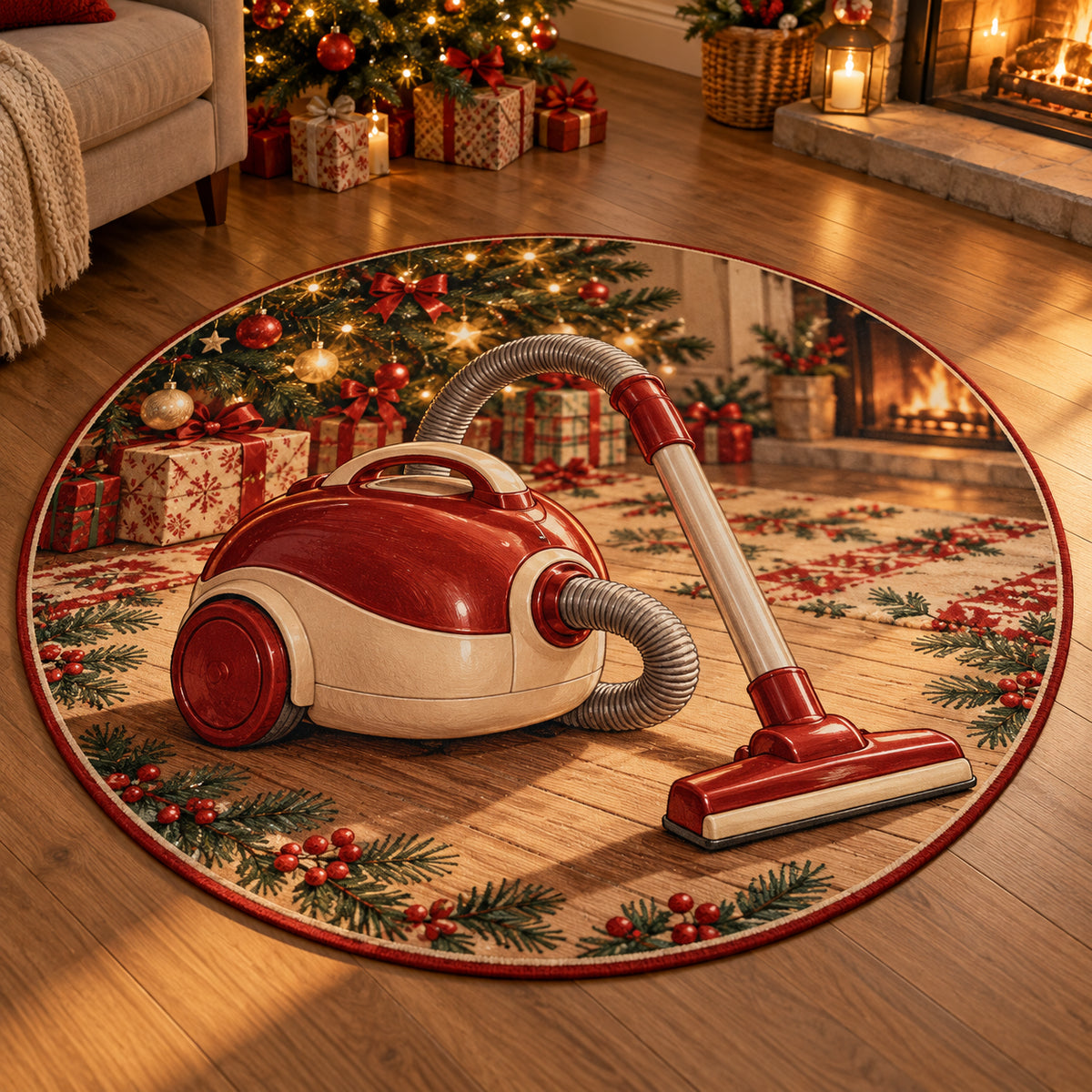 Christmas Toy Vacuum Family Helper Round Mat Rug flat printed mat in matching Christmas setting