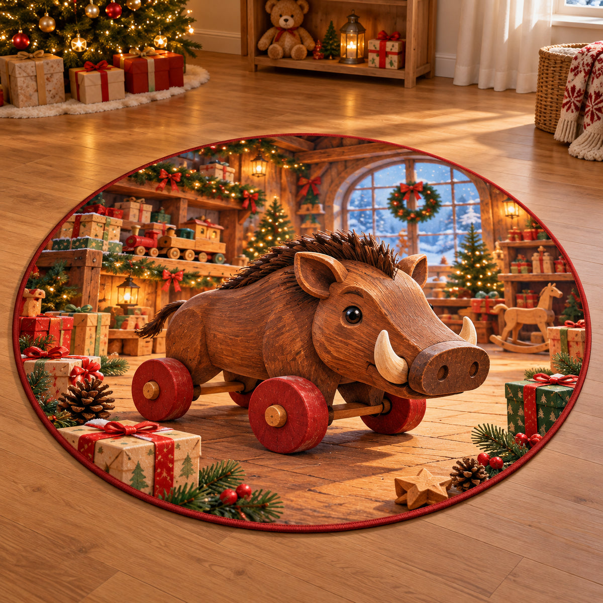Christmas Toy Warthog Family Play Round Mat Rug flat printed mat in matching Christmas setting