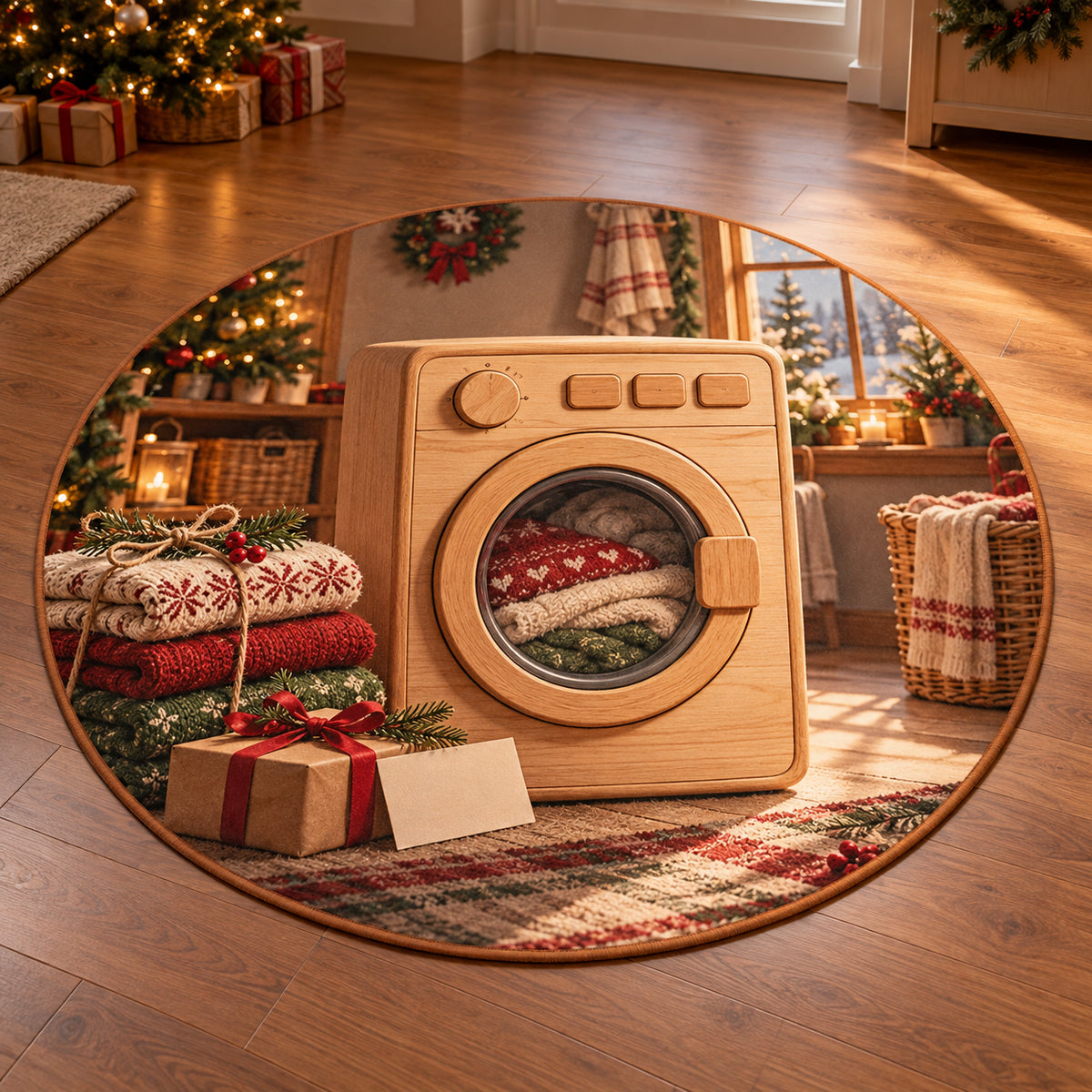 Christmas Toy Washer Family Care Round Mat Rug flat printed mat in matching Christmas setting