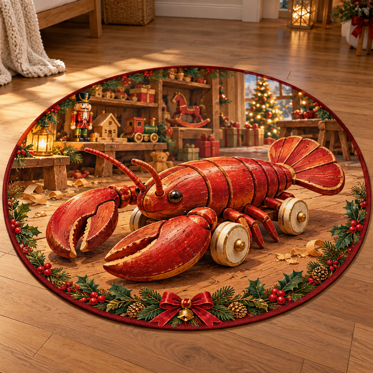 Christmas Toy Wooden Lobster Play Round Mat Rug flat printed mat in matching Christmas setting