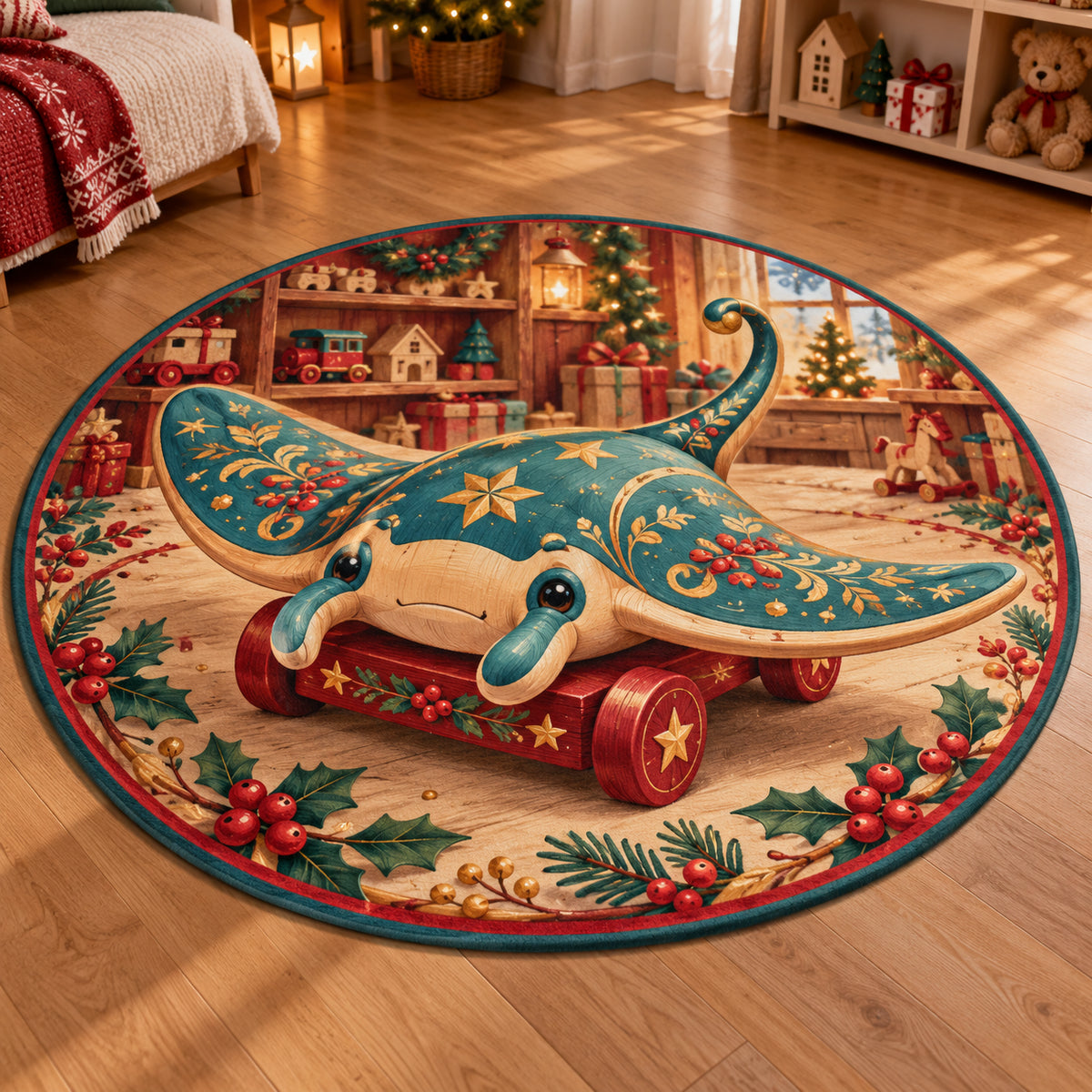 Christmas Toy Wooden Manta Ray Play Round Mat Rug flat printed mat in matching Christmas setting
