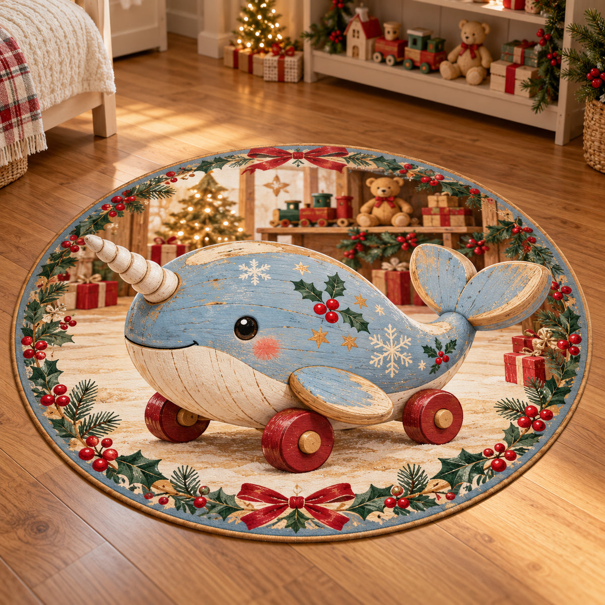 Christmas Toy Wooden Narwhal Play Round Mat Rug flat printed mat in matching Christmas setting