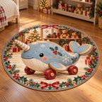 Christmas Toy Wooden Narwhal Play Round Mat Rug flat printed mat in matching Christmas setting