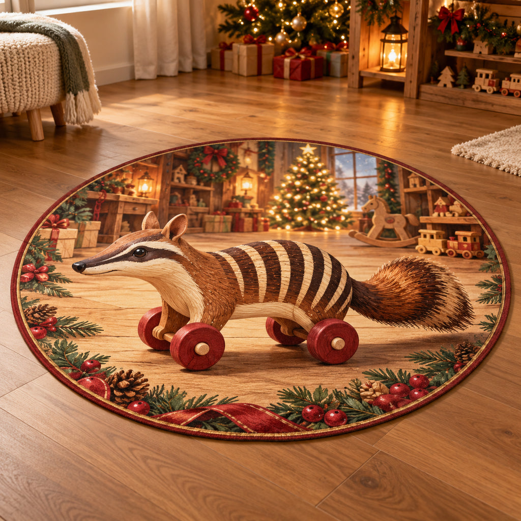 Christmas Toy Wooden Numbat Play Round Mat Rug flat printed mat in matching Christmas setting