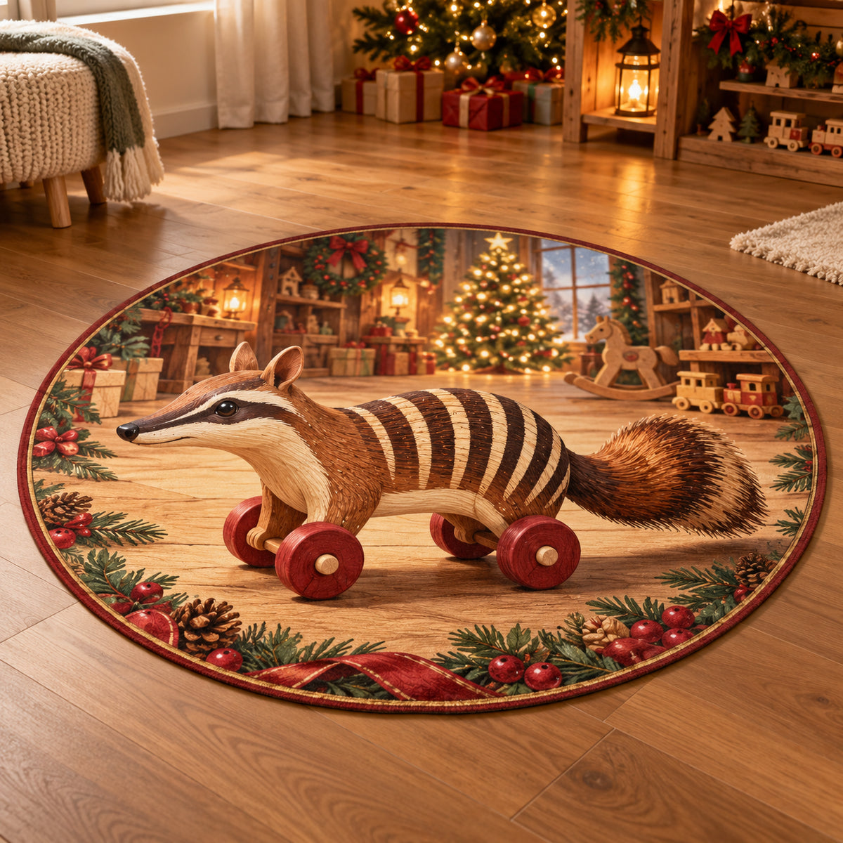 Christmas Toy Wooden Numbat Play Round Mat Rug flat printed mat in matching Christmas setting