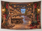 Christmas Toy Workshop Wall Tapestry with layered printed depth and niche-specific Christmas background