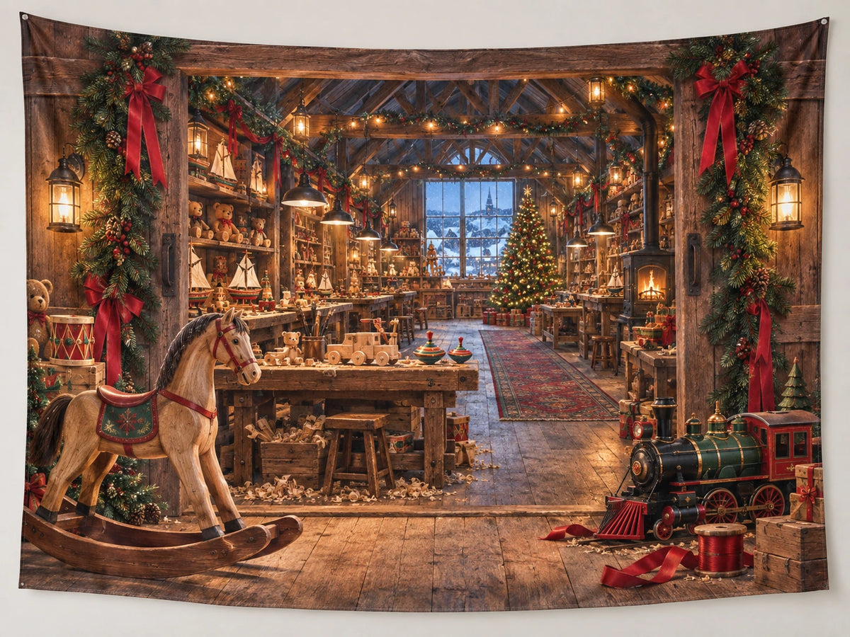 Christmas Toy Workshop Wall Tapestry with layered printed depth and niche-specific Christmas background