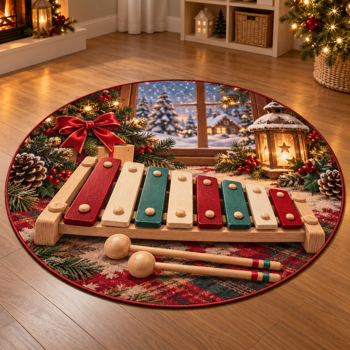 Christmas Toy Xylophone Family Melody Round Mat Rug flat printed mat in matching Christmas setting