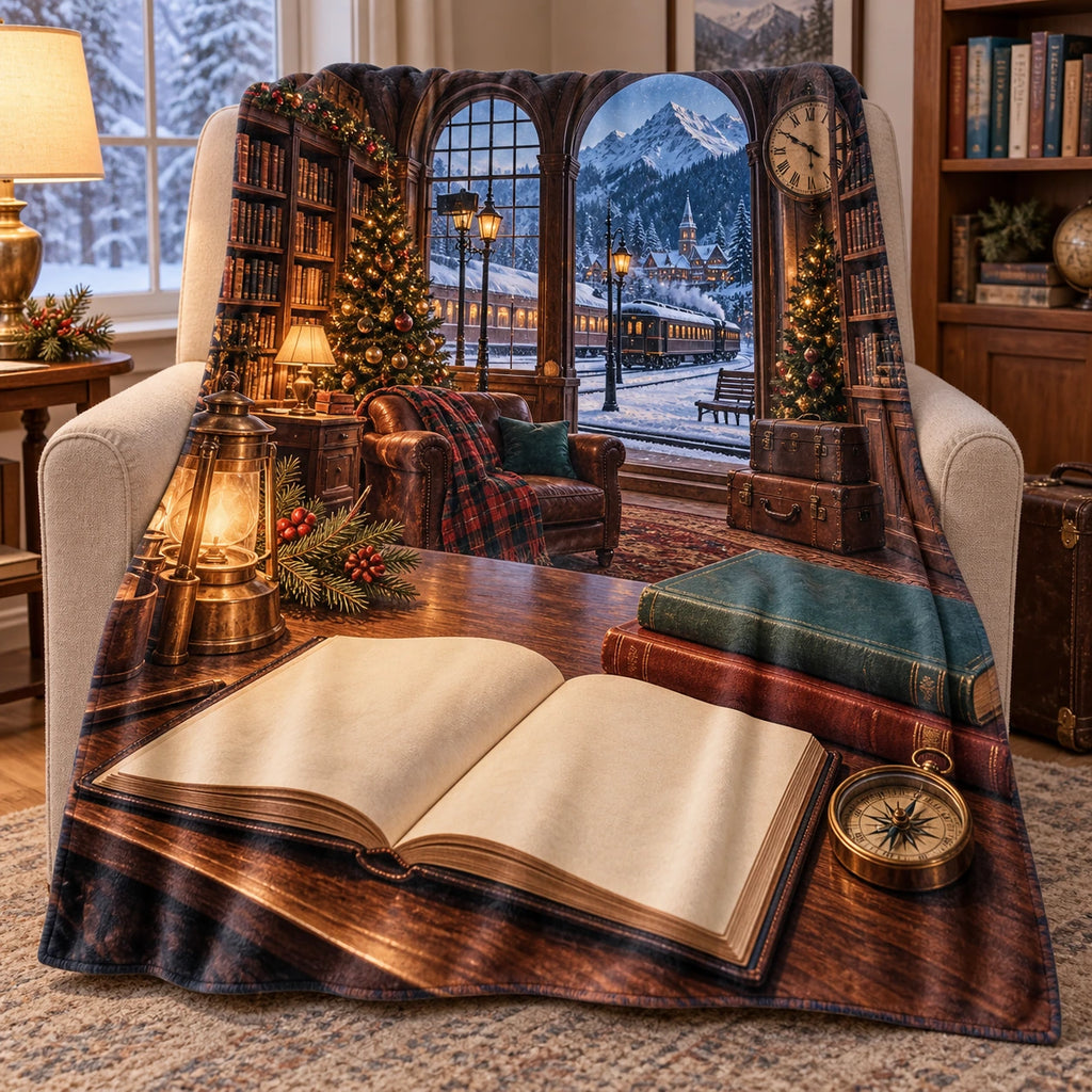 Christmas Travel Library Fleece Throw Blanket with layered printed depth and niche-specific Christmas background