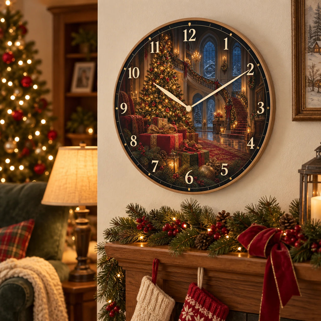 Christmas Tree Hall Wooden Wall Clock displayed in christmas living-room mantel with garland, stockings, armchair, lamp and tree