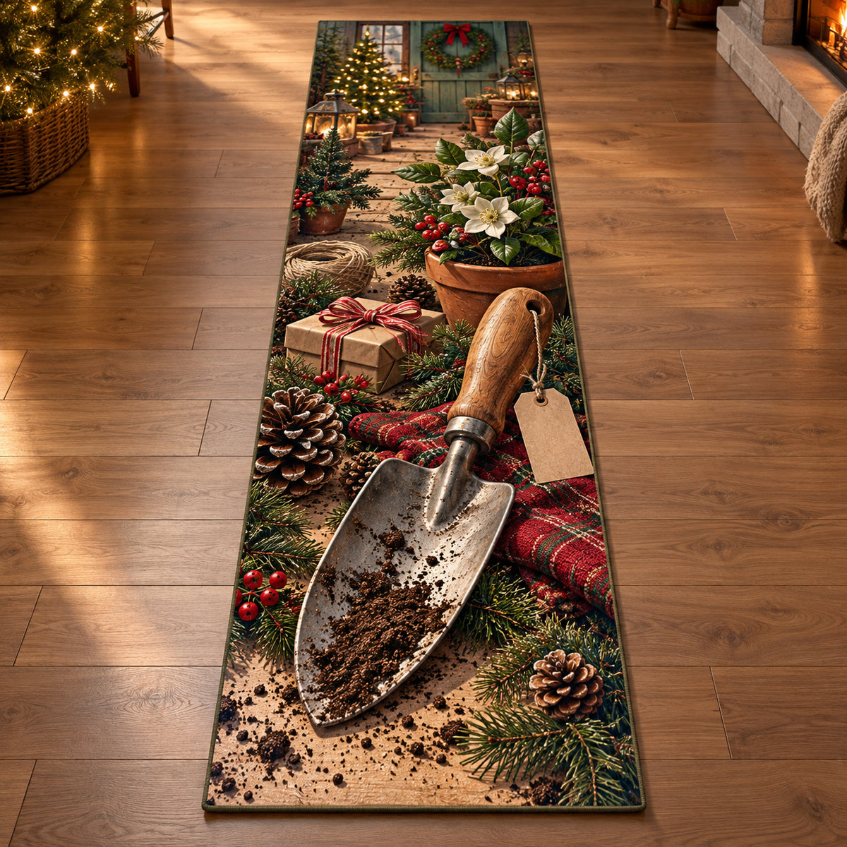 Christmas Trowel Maker Garden Gift Runner Rug flat printed mat in matching Christmas setting
