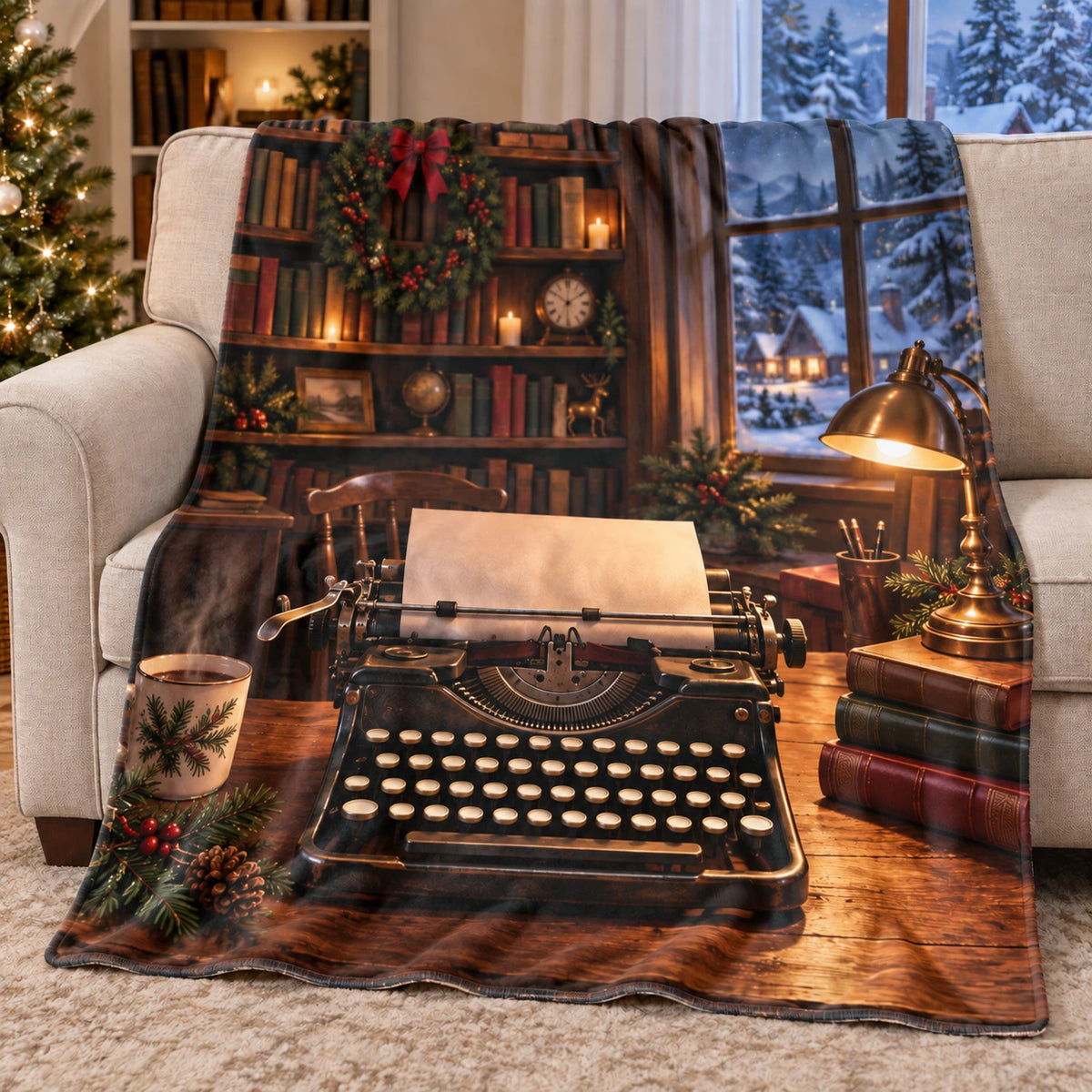 Christmas Typewriter Fleece Throw Blanket with layered printed depth and niche-specific Christmas background
