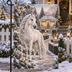 Christmas Unicorn Conservatory Garden Flag with layered printed depth and niche-specific Christmas background