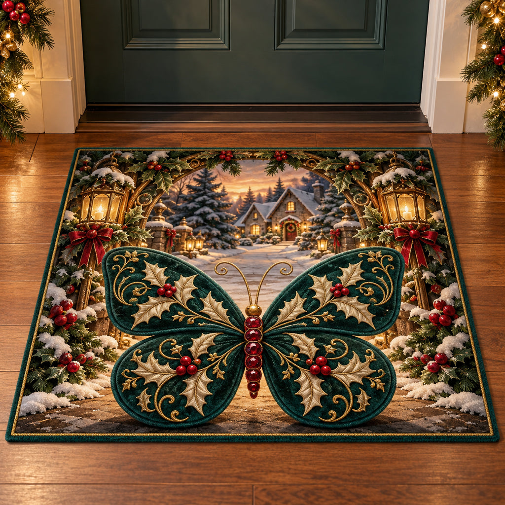 Christmas Velvet Butterfly Winter Glow Doormat flat printed mat in matching Christmas setting