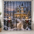 Christmas Victorian House Shower Curtain with layered printed depth and niche-specific Christmas background