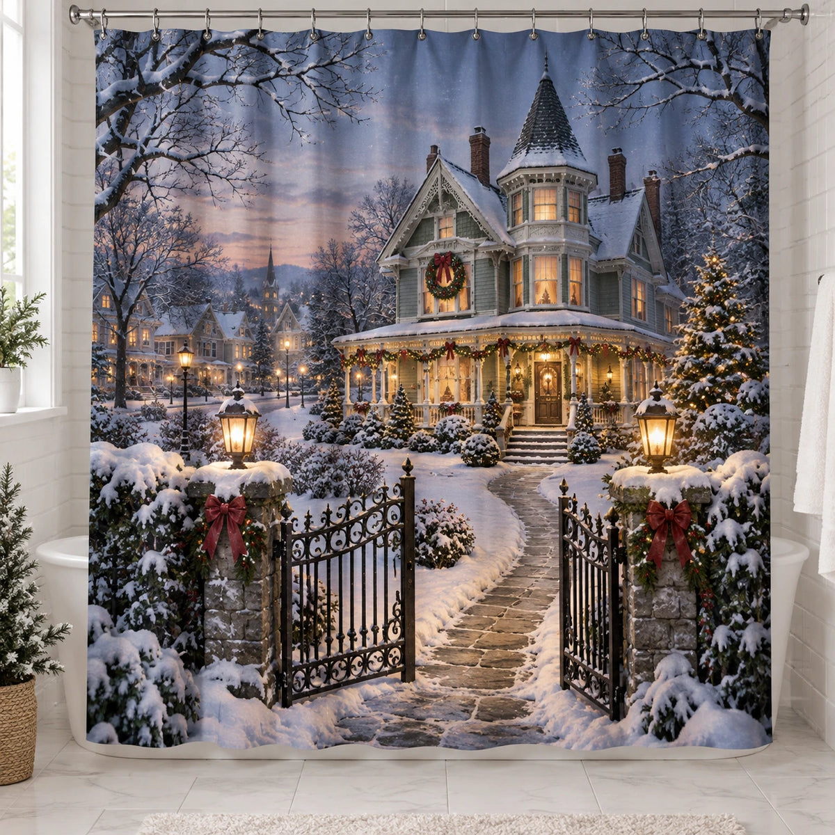 Christmas Victorian House Shower Curtain with layered printed depth and niche-specific Christmas background