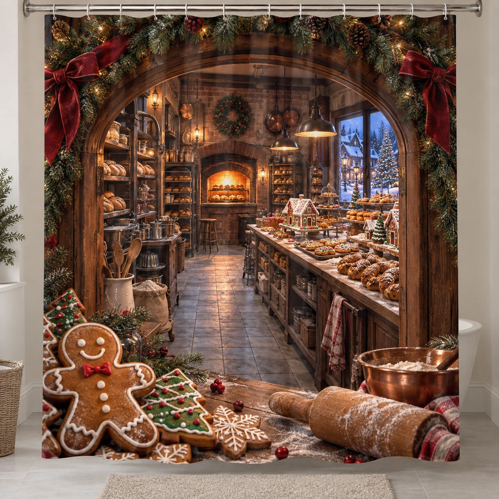 Christmas Village Bakery Shower Curtain with layered foreground and niche-specific Christmas background