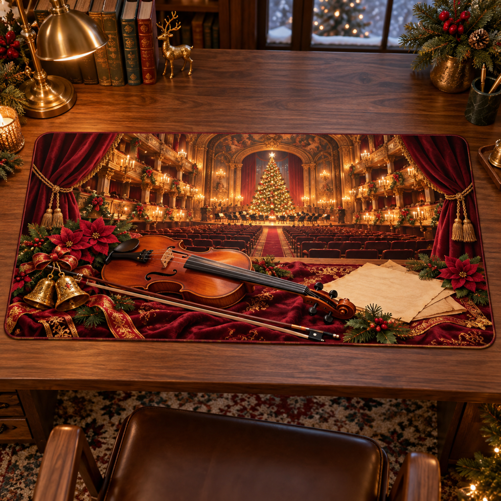 Christmas Violin Velvet Theater Desk Mat flat printed mat in a coordinated Christmas room