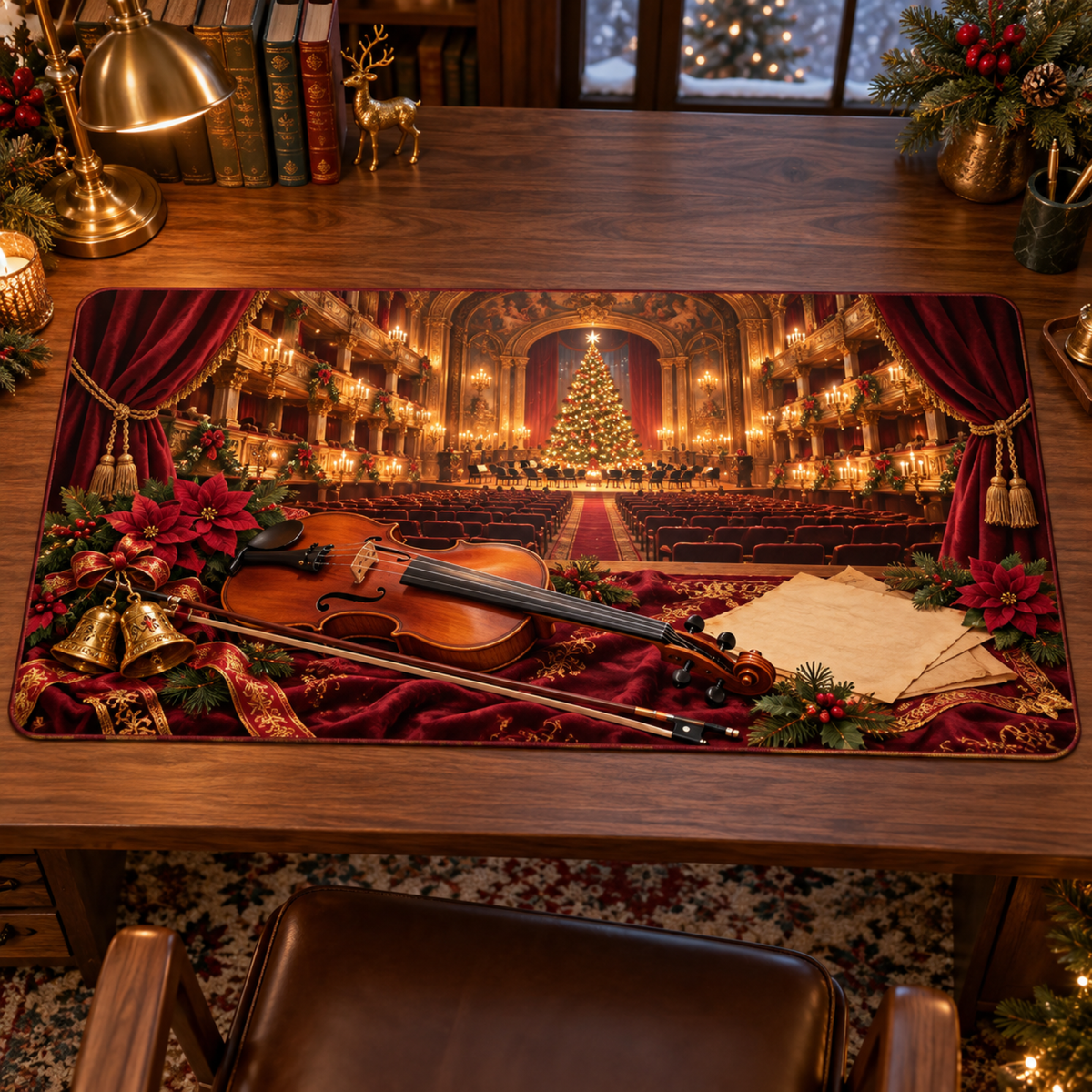 Christmas Violin Velvet Theater Desk Mat flat printed mat in a coordinated Christmas room
