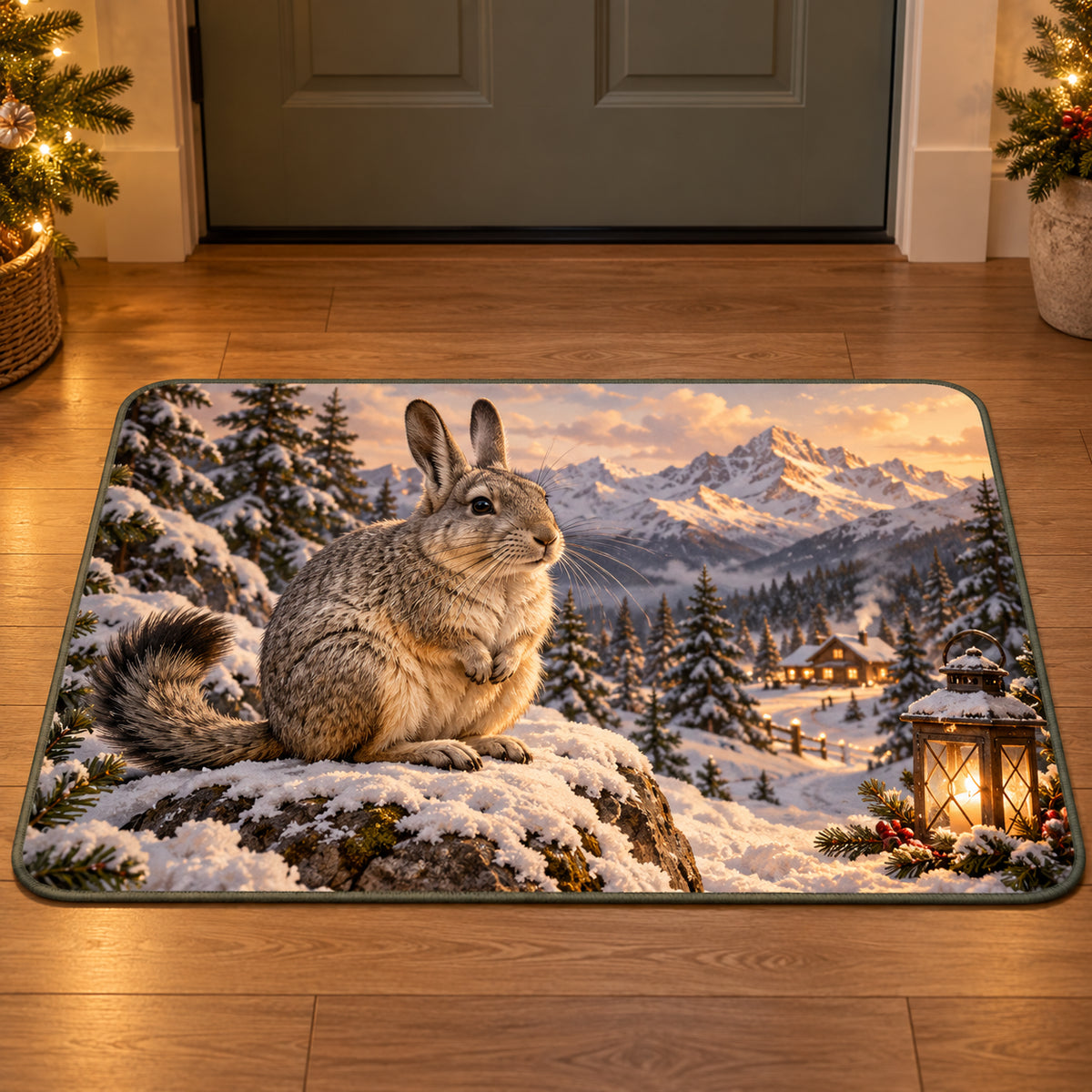 Christmas Viscacha Mountain Rest Doormat flat printed mat in matching Christmas setting