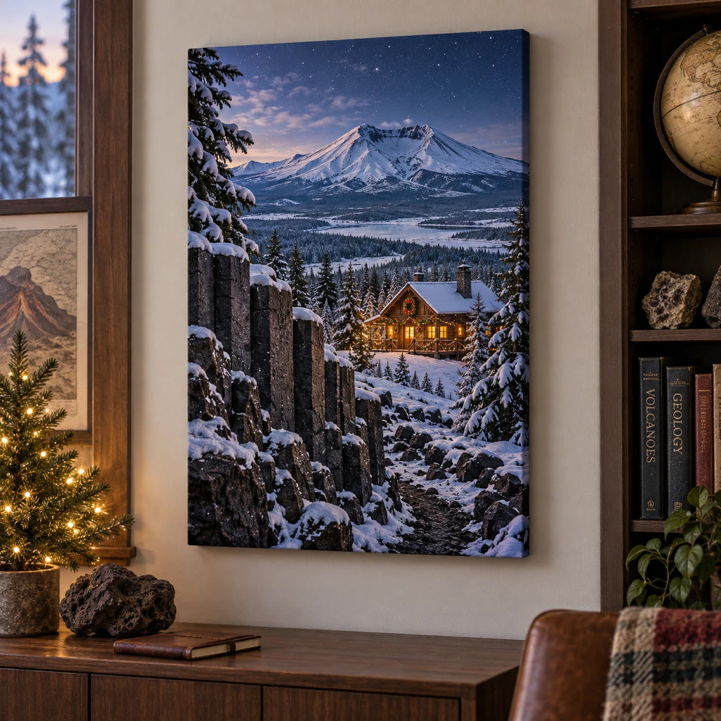 Christmas Volcano Stretched Canvas Wall Art with layered printed depth and niche-specific Christmas background