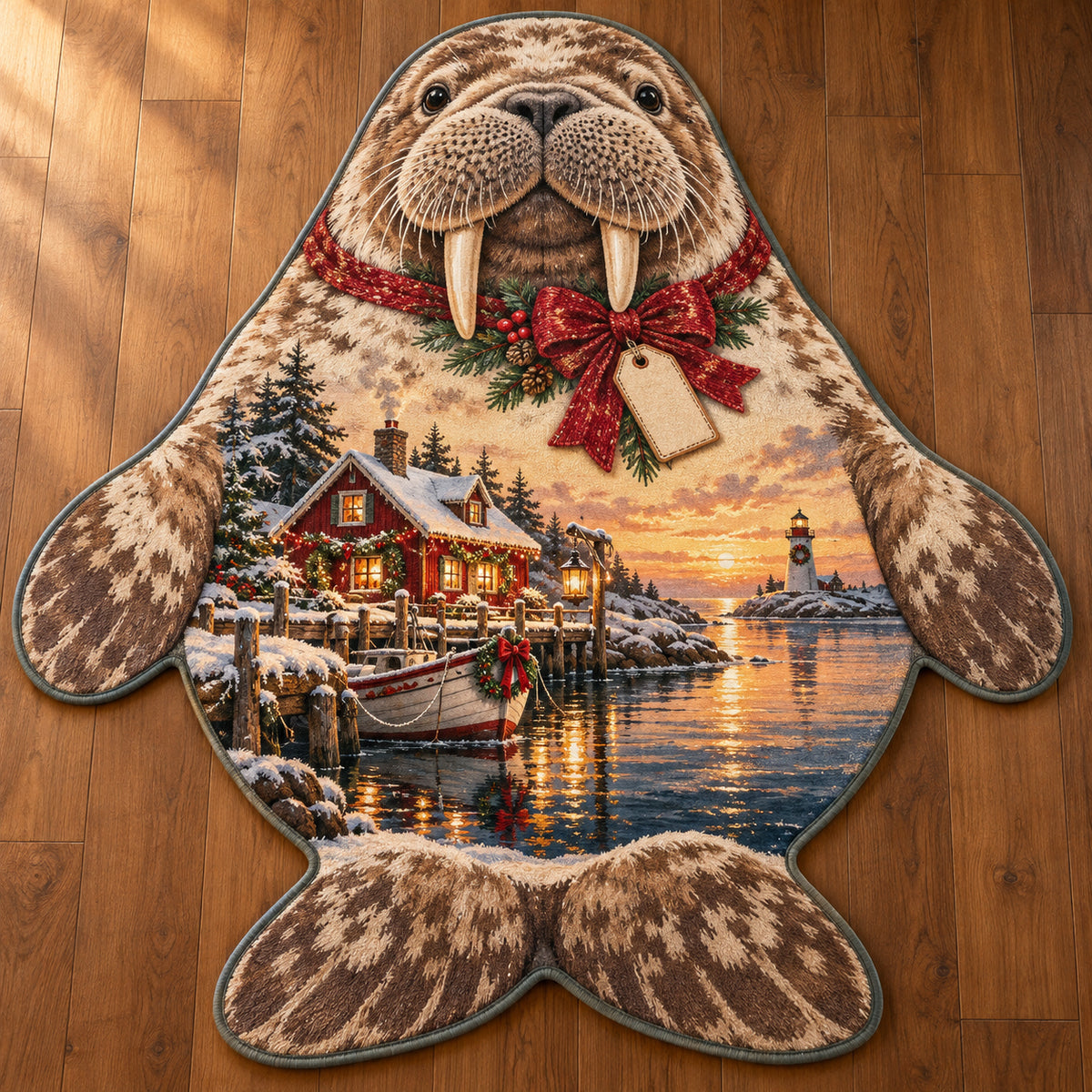 Christmas Walrus Harbor Hearth Custom Shape Area Rug flat printed mat in matching Christmas setting