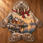 Christmas Walrus Harbor Hearth Custom Shape Area Rug flat printed mat in matching Christmas setting