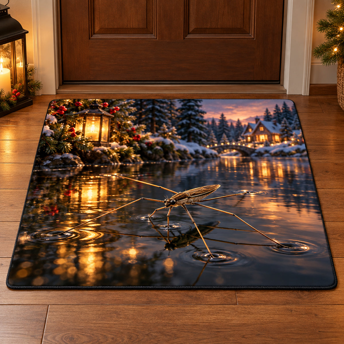 Christmas Water Strider Brook Lantern Doormat flat printed mat in matching Christmas setting