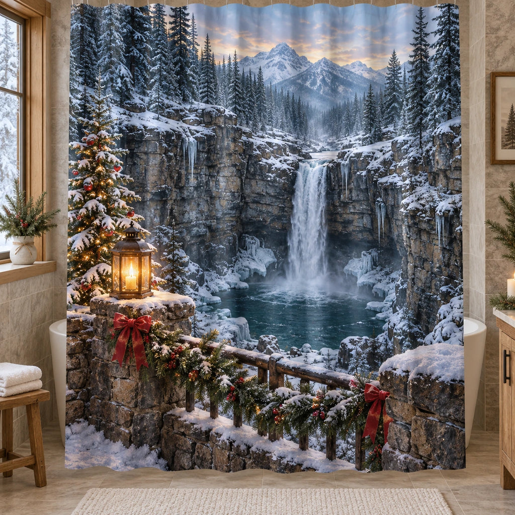 Christmas Waterfall Gorge Shower Curtain with layered printed depth and niche-specific Christmas background