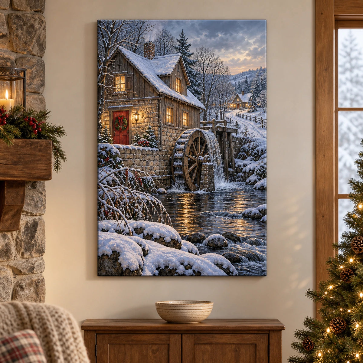Christmas Watermill Stretched Canvas Wall Art with layered printed depth and niche-specific Christmas background