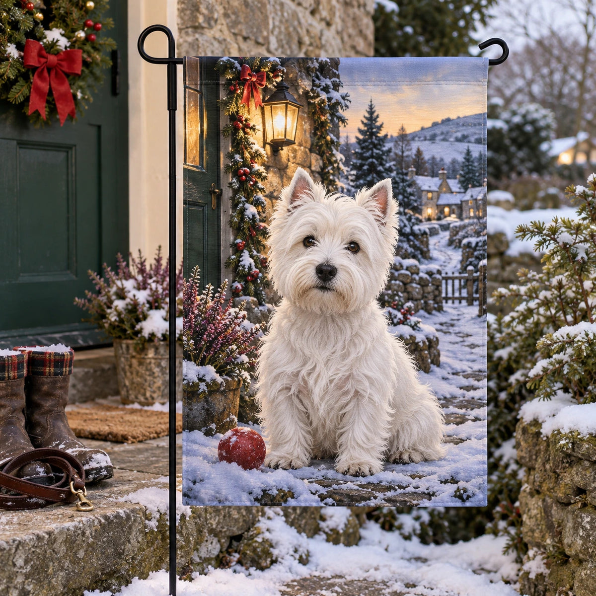 Christmas Westie Heather Cottage Garden Flag with layered printed depth and niche-specific Christmas background