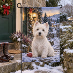 Christmas Westie Heather Cottage Garden Flag with layered printed depth and niche-specific Christmas background
