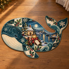 Christmas Whale Coastal Home Custom Shape Area Rug flat printed mat in matching Christmas setting