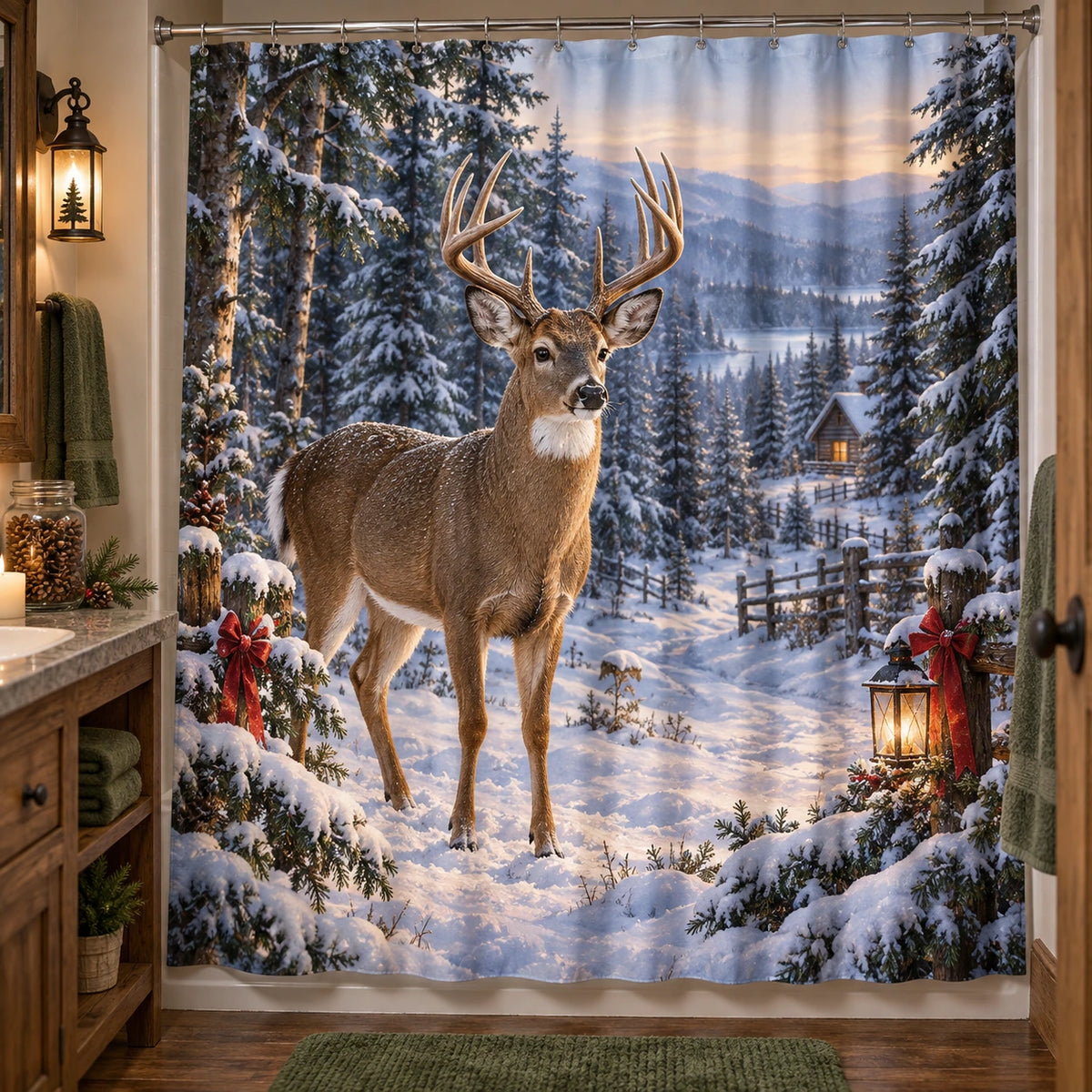 Christmas Whitetail Woodland Shower Curtain with layered printed depth and niche-specific Christmas background