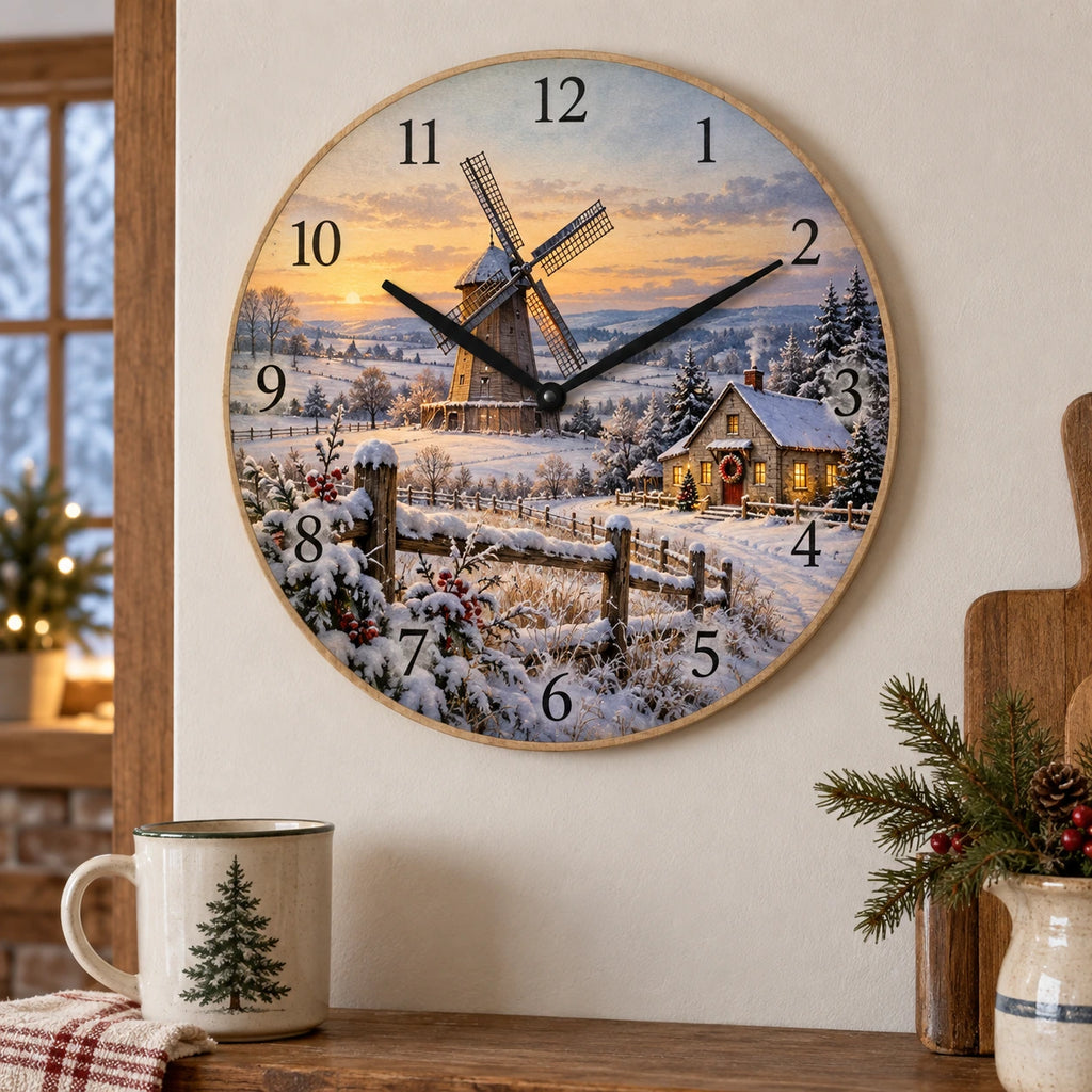 Christmas Windmill Wooden Wall Clock with layered printed depth and niche-specific Christmas background