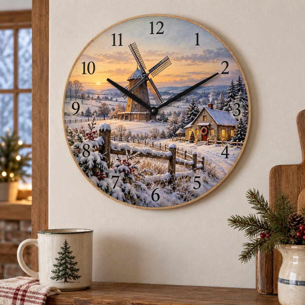 Christmas Windmill Wooden Wall Clock with layered printed depth and niche-specific Christmas background