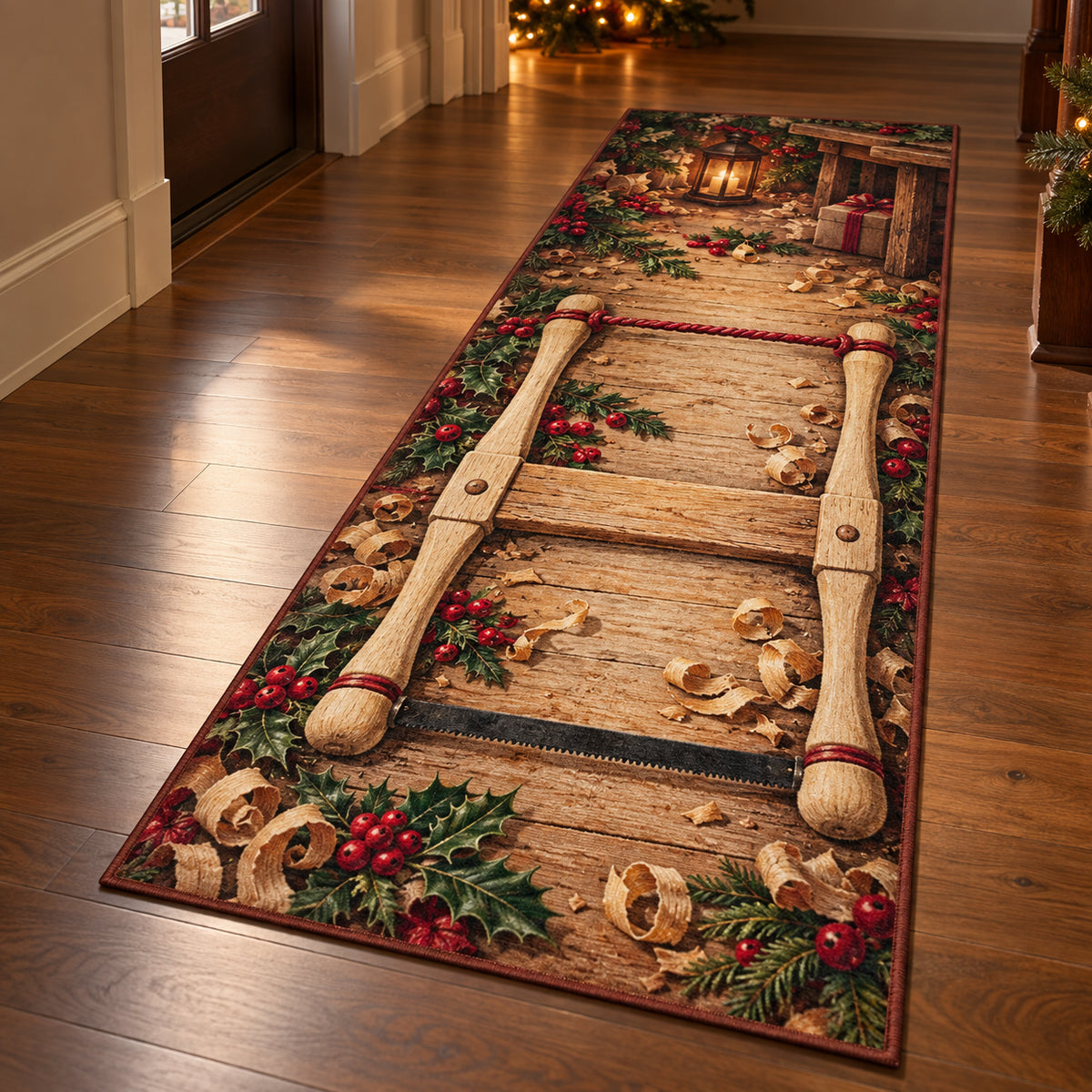 Christmas Wooden Bow Saw Family Craft Runner Rug flat printed mat in matching Christmas setting