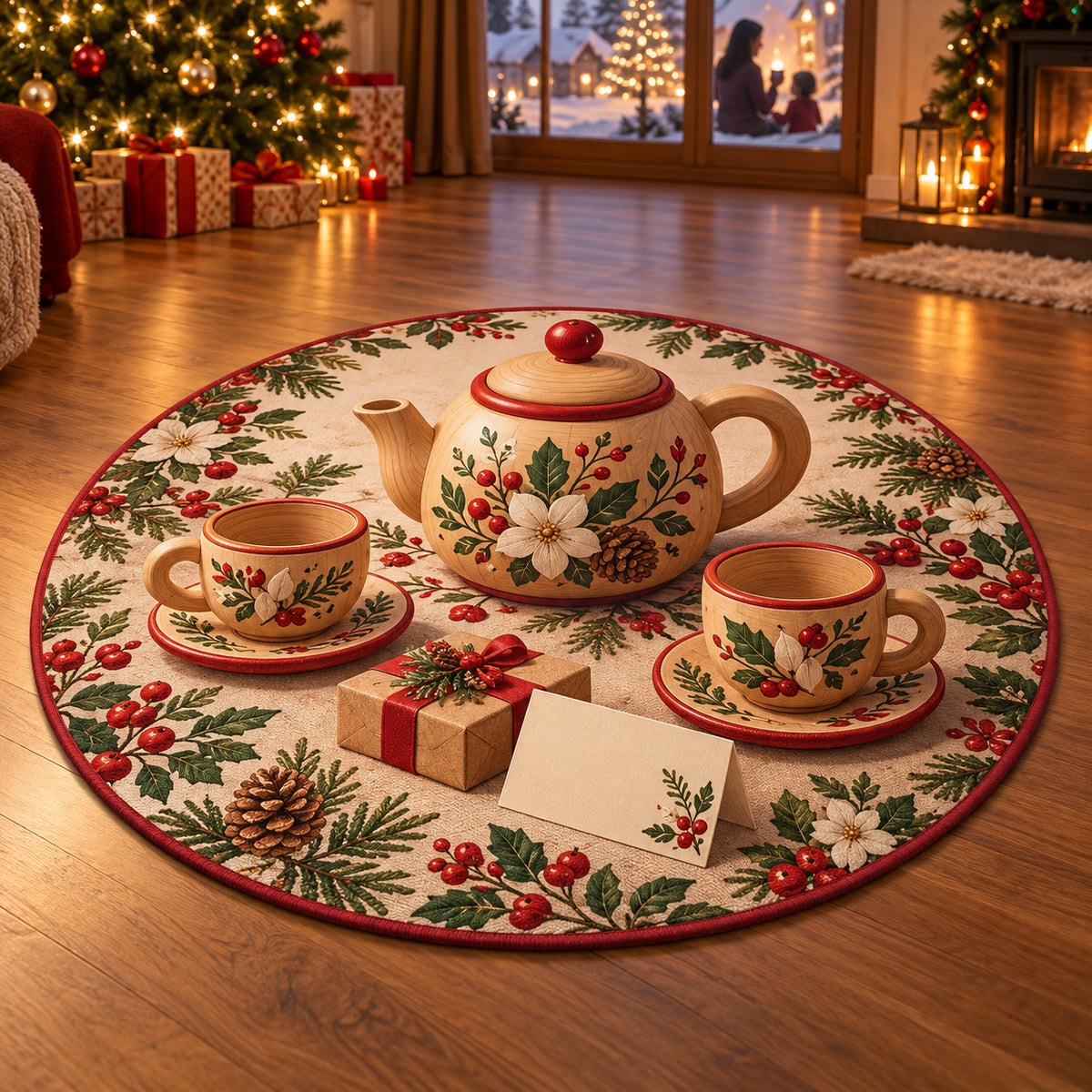 Christmas Wooden Tea Set Family Visit Round Mat Rug flat printed mat in matching Christmas setting