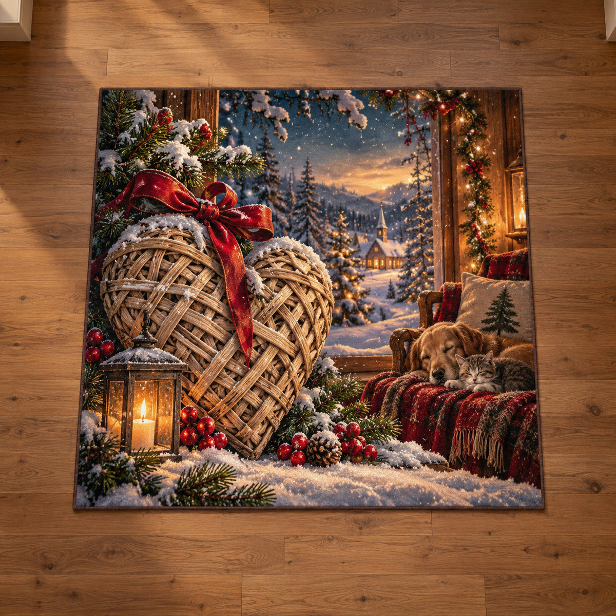 Christmas Woven Heart Family Care Area Rug flat printed mat in matching Christmas setting