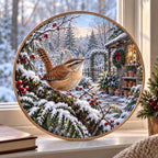 Christmas Wren Wood and Acrylic Suncatcher with layered printed depth and niche-specific Christmas background