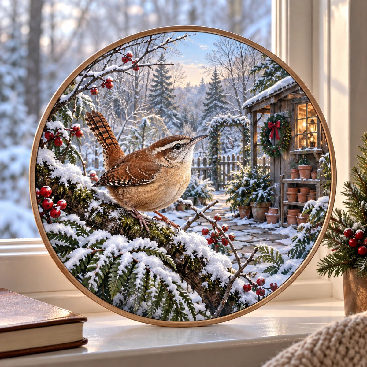 Christmas Wren Wood and Acrylic Suncatcher with layered printed depth and niche-specific Christmas background