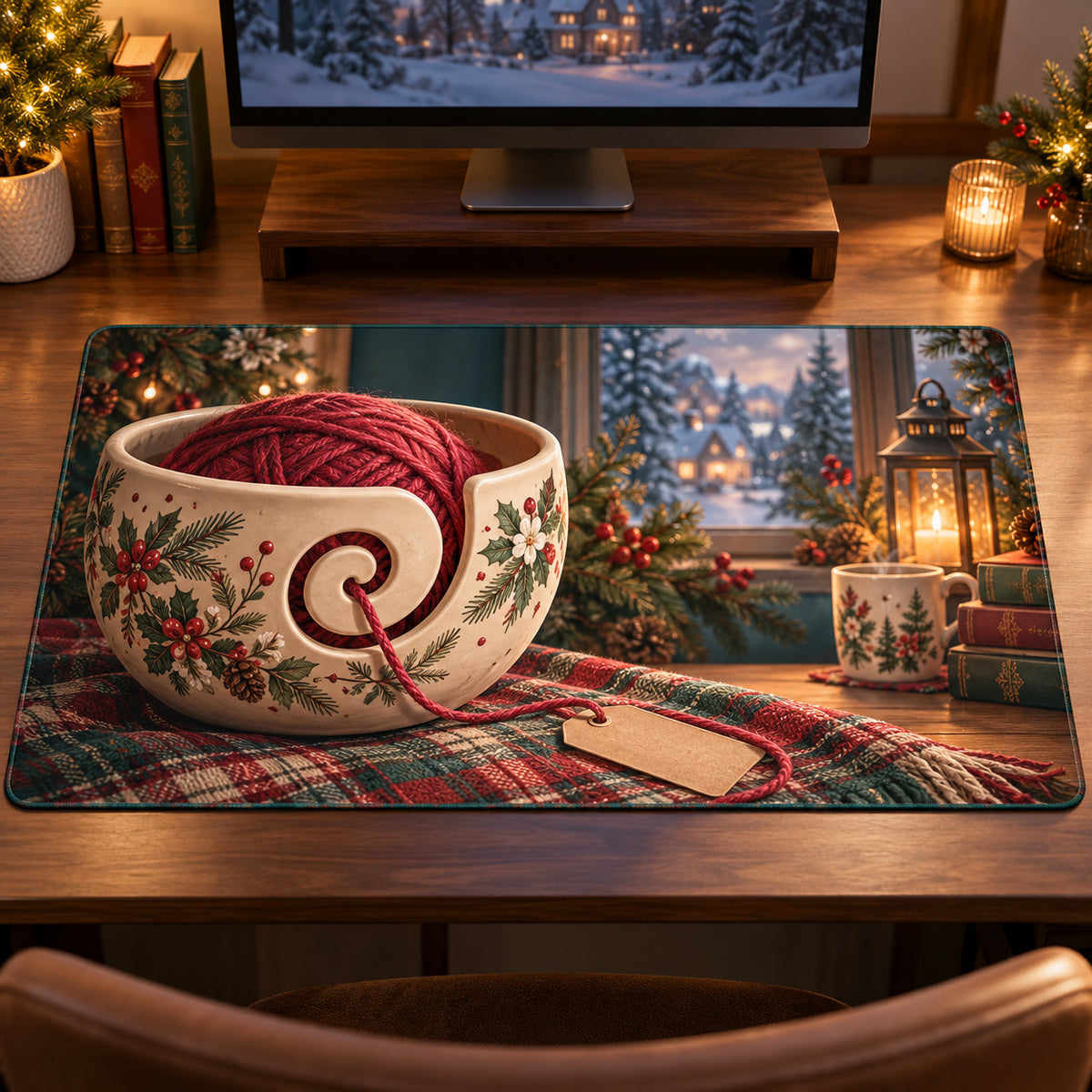 Christmas Yarn Bowl Family Knitting Desk Mat flat printed mat in matching Christmas setting